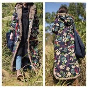 Hooded Cotton Linen Blend Long Coat Faux Fur Trim sz M/L* Dark Blue Floral Mod